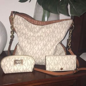 3pc Michael Kors Vanilla SIG bag wallet pouch set